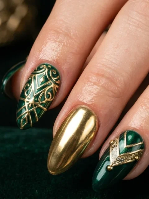 7 Stunning Green and Gold Nail Designs Regal Look